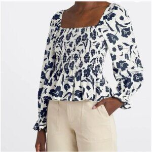 DIZZY LIZZY Floral Smocked Square Neck Long Sleeve Top - BLACK and White Size L